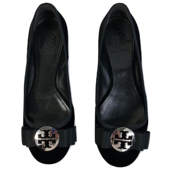 TORY BURCH JESSICA BLACK VELVET BOW SILVER FLATS - Picture 3 of 8